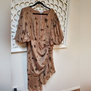 Polagram NWT Brown Puffy Sleeve Ruched Floral Dress 3XL